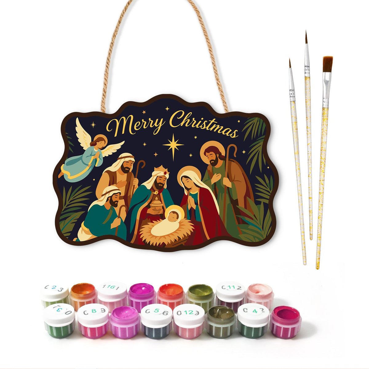 Holy night gathering paint by numbers door hanger with paints and brushes