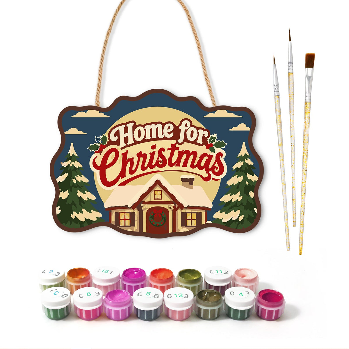 Home for christmas paint by numbers door hanger with paints and brushes