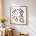 Home is where your heart is cross stitch artwork displayed on wall as home decor