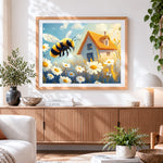 Finished honeybee flying over a cottage garden cross stitch artwork displayed
