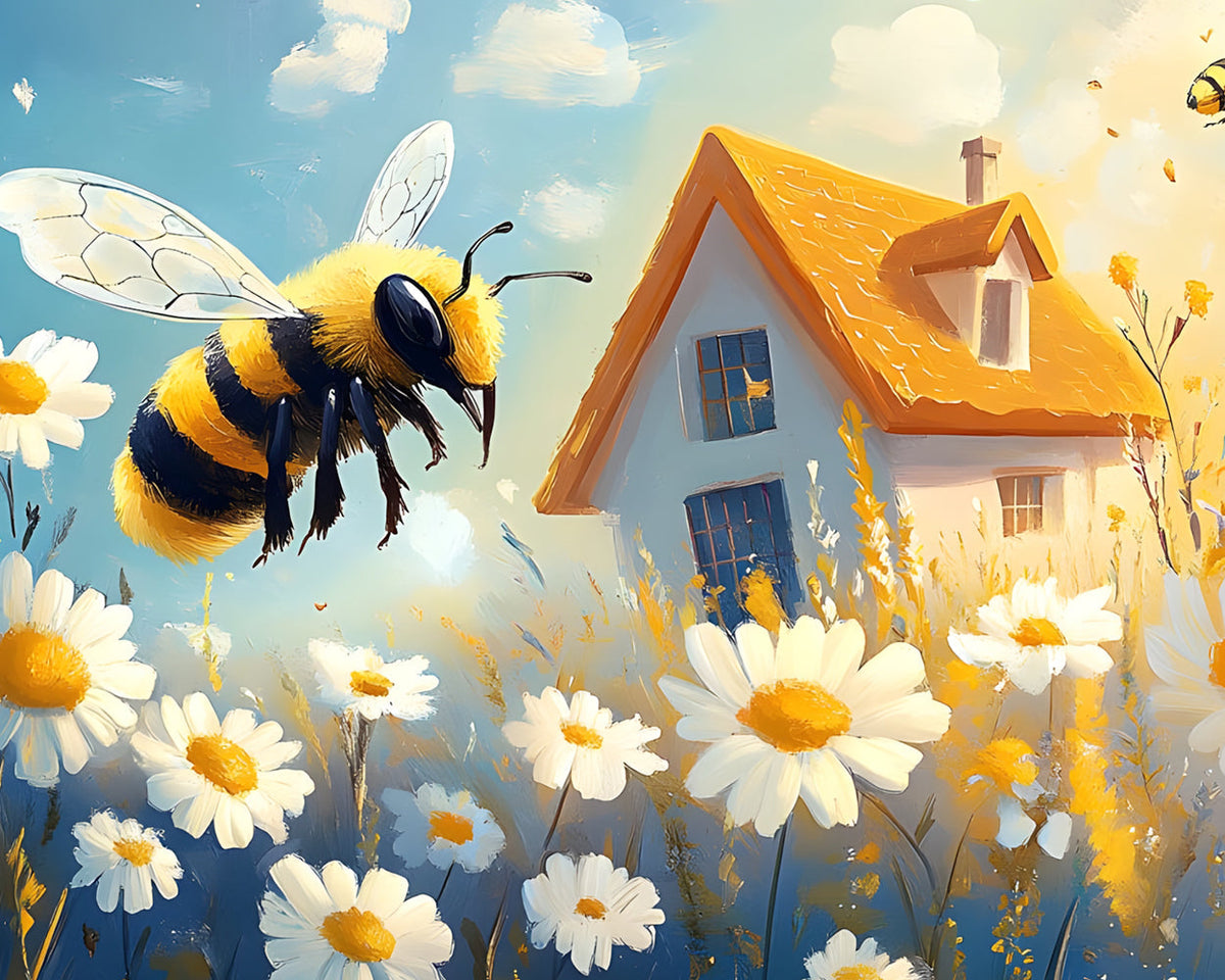 Honeybee flying over a cottage garden cross stitch kit for beginners