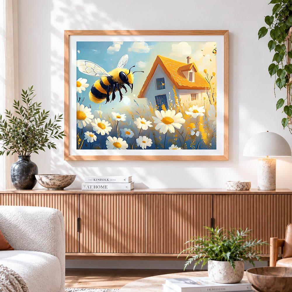 Finished honeybee flying over a cottage garden paint by numbers artwork displayed as home decor