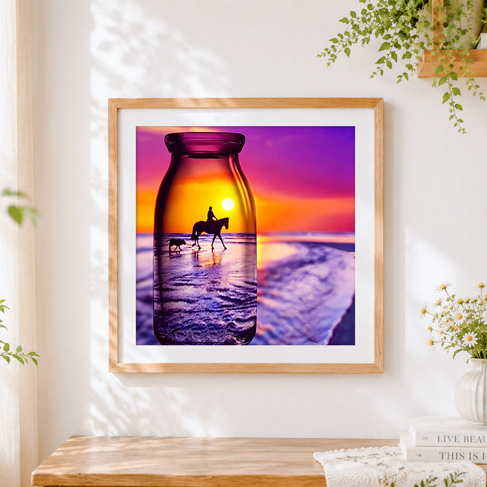 Finished horse rider silhouette in glass cross stitch artwork displayed