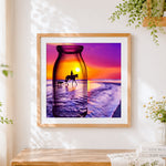 Finished horse rider silhouette in glass cross stitch artwork displayed