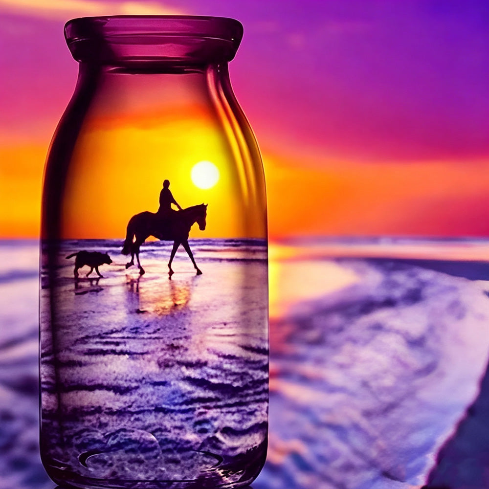 Horse rider silhouette in glass cross stitch kit for beginners