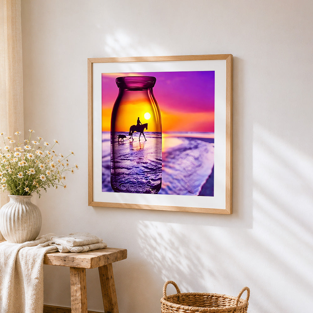 Horse rider silhouette in glass cross stitch artwork displayed on wall as home decor