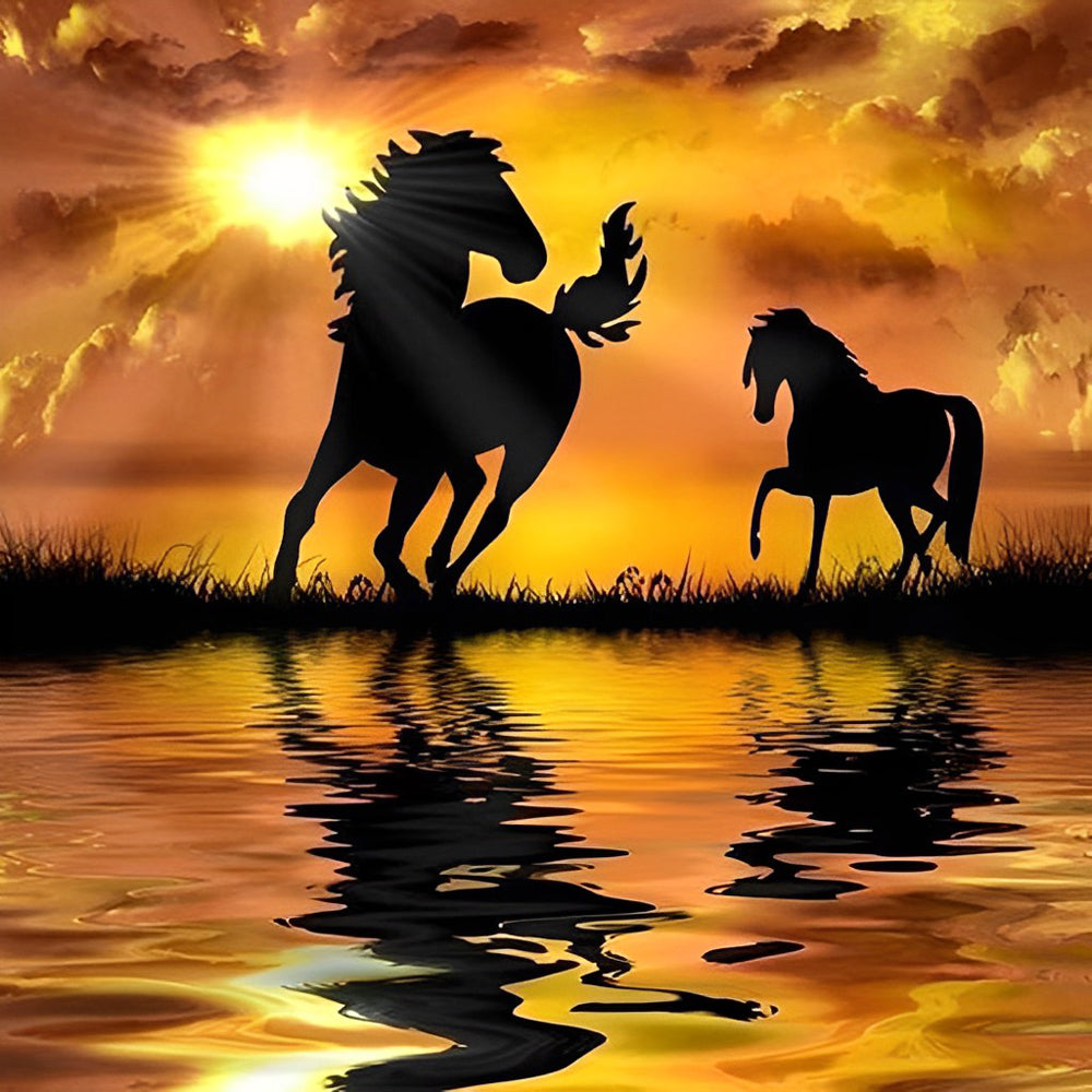 Horse silhouettes at sunset cross stitch kit for beginners