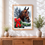 Finished horse with a red bow in the snow paint by numbers artwork displayed as home decor