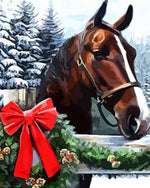 Horse with a red bow in the snow paint by numbers kit for beginners