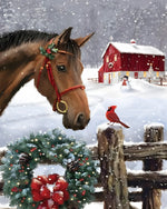 Horse with red cardinal and christmas wreath cross stitch kit for beginners