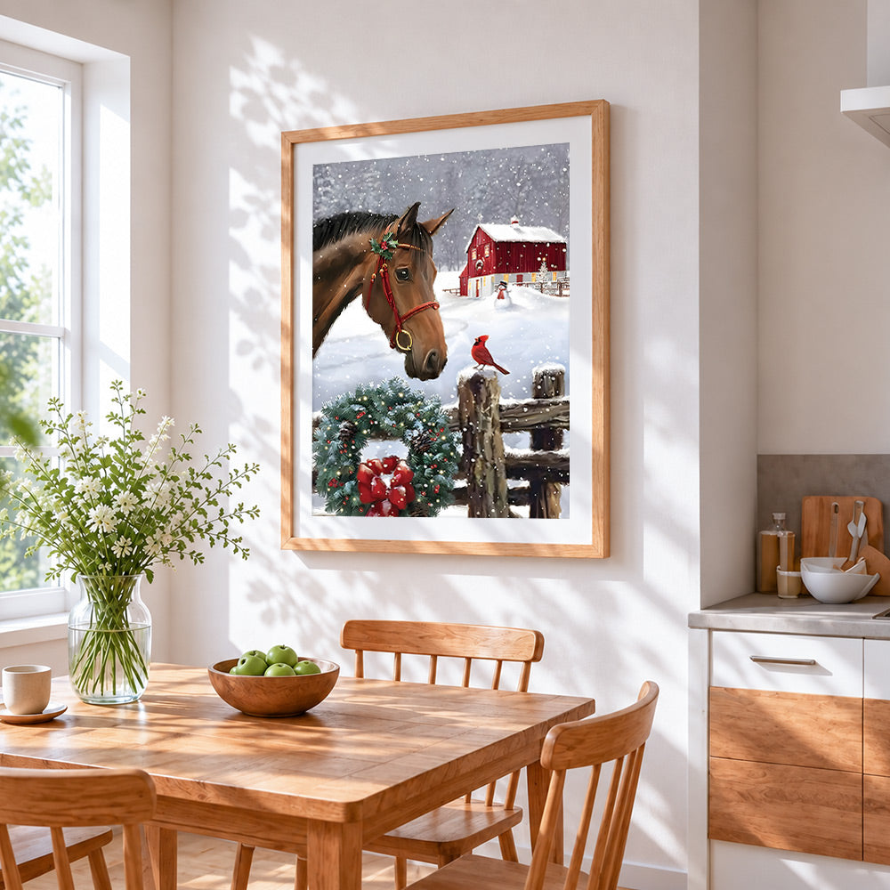 Horse with red cardinal and christmas wreath cross stitch artwork displayed on wall as home decor