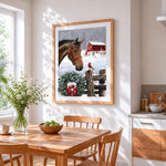 Horse with red cardinal and christmas wreath cross stitch artwork displayed on wall as home decor