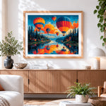 Finished hot air balloons over lake at sunset cross stitch artwork displayed