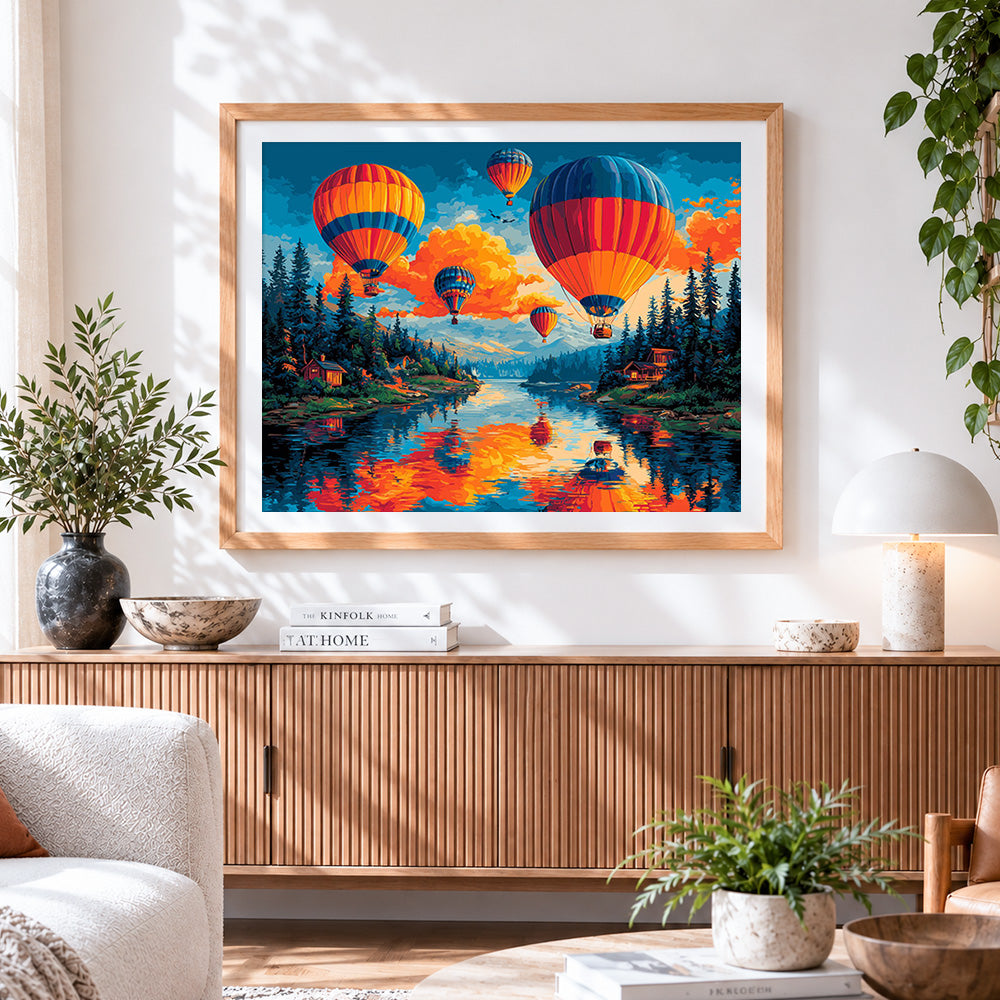 Finished hot air balloons over lake at sunset cross stitch artwork displayed