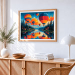 Hot air balloons over lake at sunset paint by numbers artwork displayed on wall as home decor