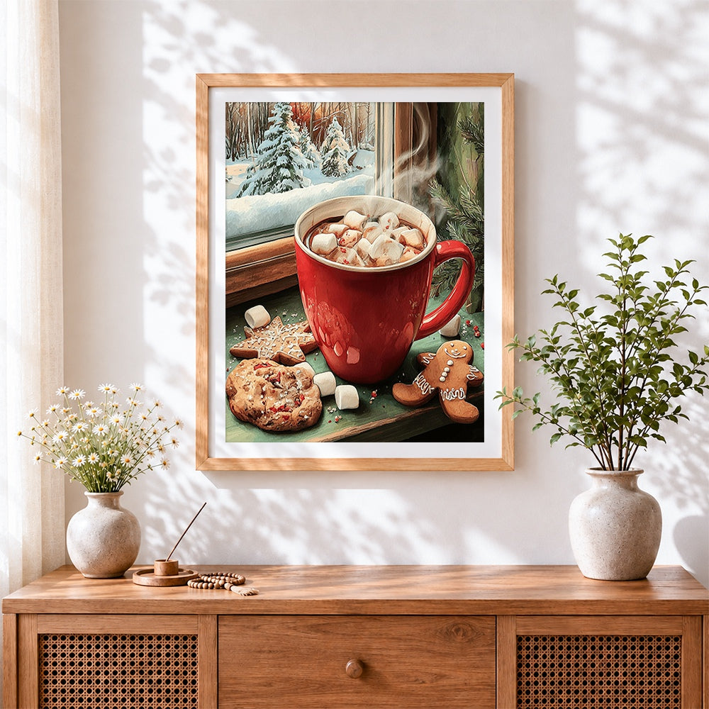 Finished hot chocolate and gingerbread by the window cross stitch artwork displayed