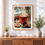 Finished hot chocolate and gingerbread by the window cross stitch artwork displayed