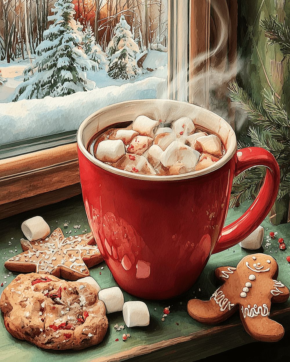 Hot chocolate and gingerbread by the window cross stitch kit for beginners