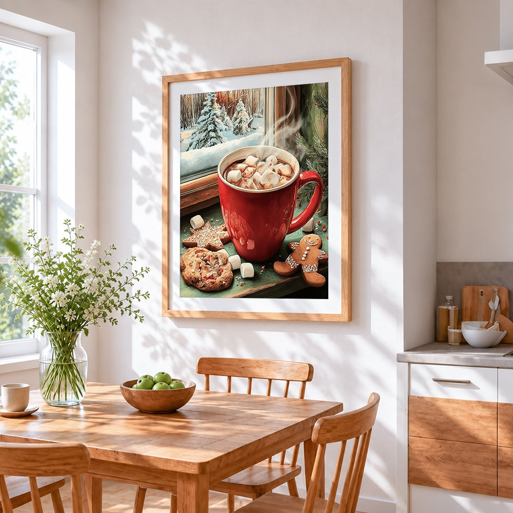 Hot chocolate and gingerbread by the window cross stitch artwork displayed on wall as home decor