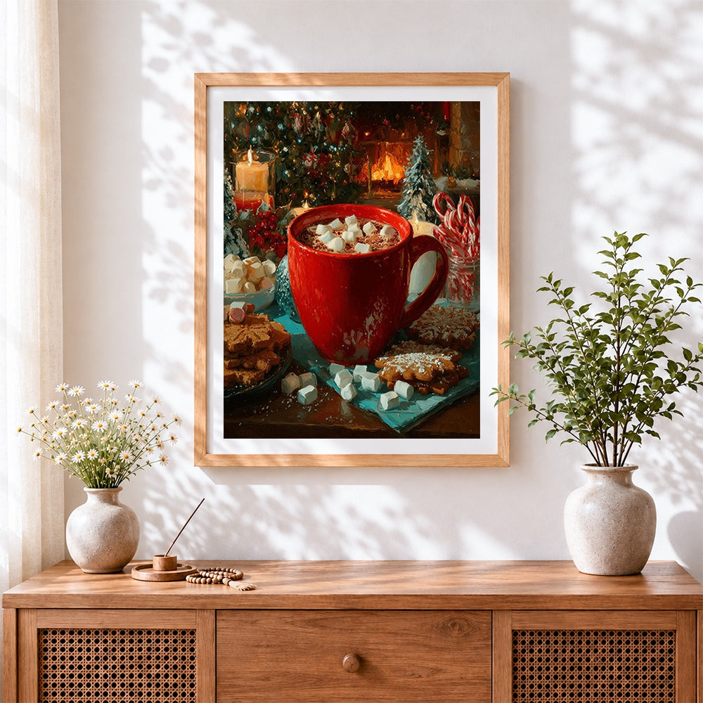 Finished hot chocolate with marshmallows cross stitch artwork displayed