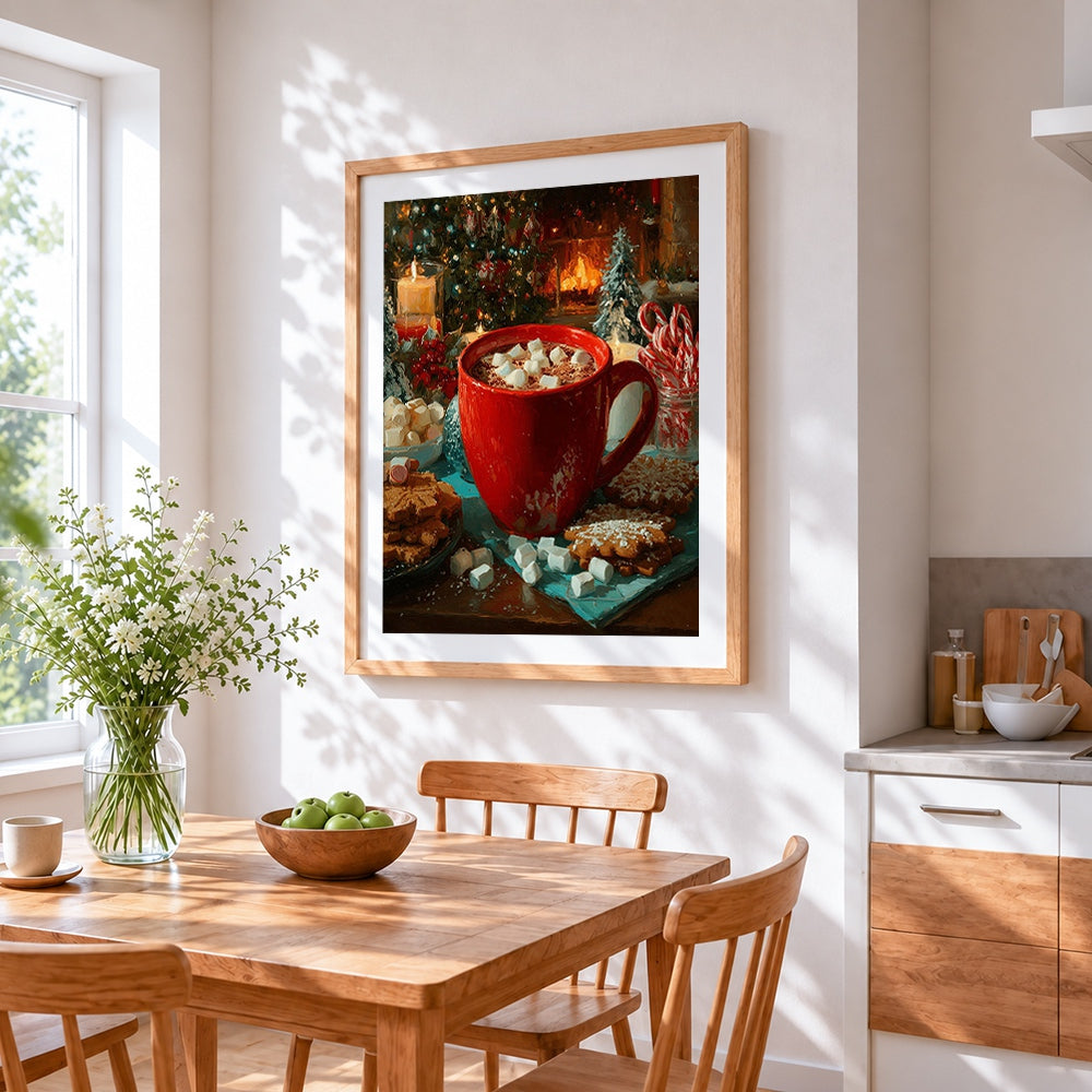 Hot chocolate with marshmallows cross stitch artwork displayed on wall as home decor