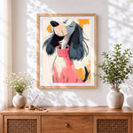 Finished hound dog in pink jumper cross stitch artwork displayed