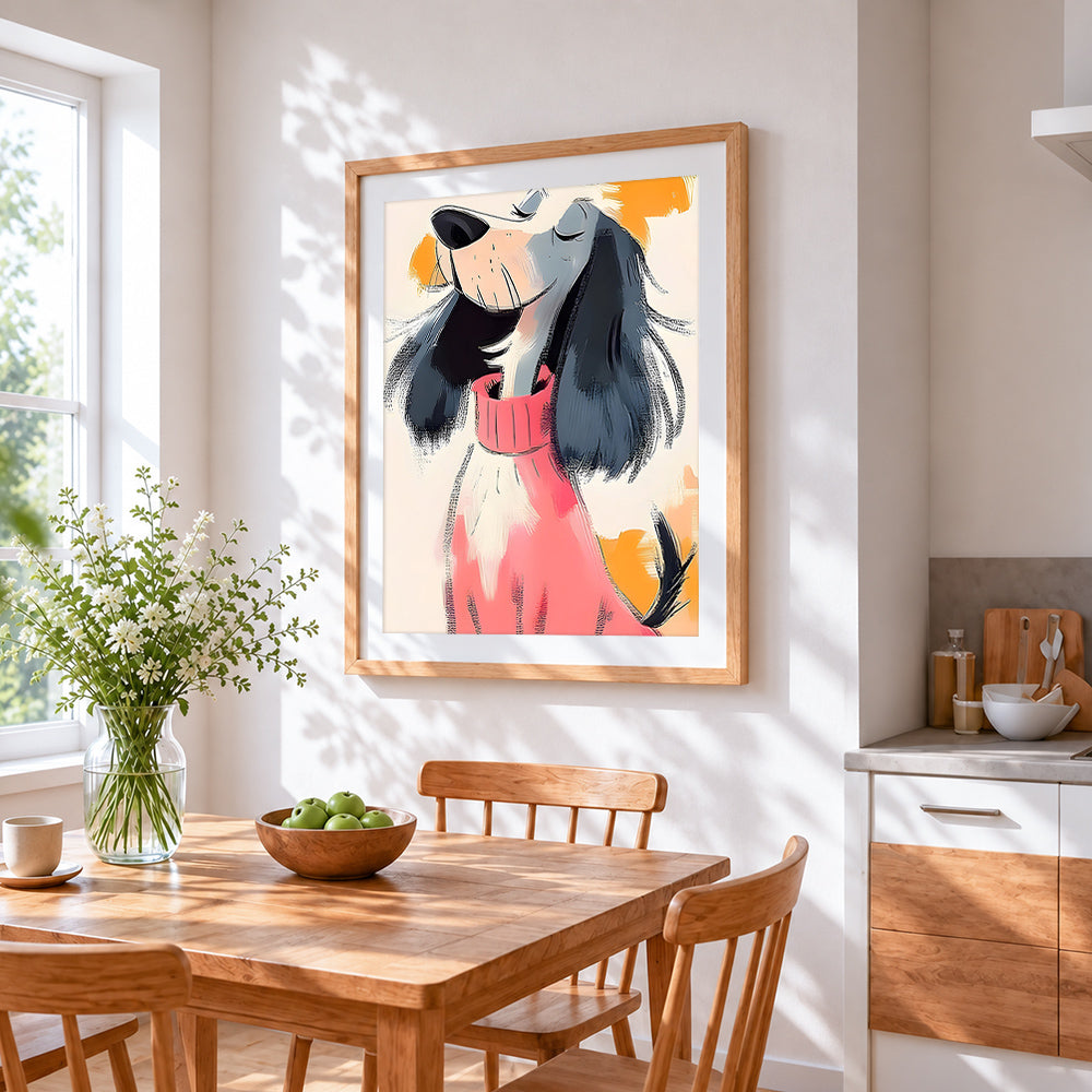 Hound dog in pink jumper cross stitch artwork displayed on wall as home decor