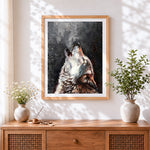 Finished howling wolf in a starry night paint by numbers artwork displayed as home decor