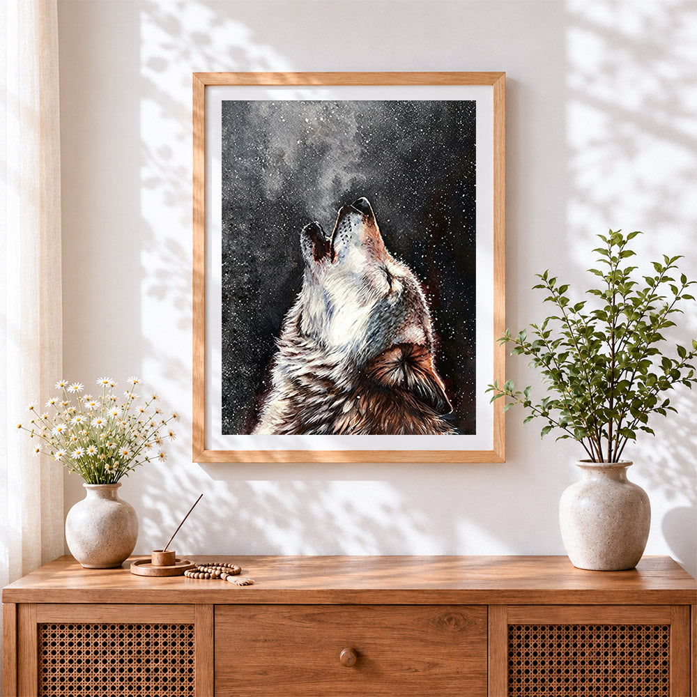 Finished howling wolf in a starry night paint by numbers artwork displayed as home decor