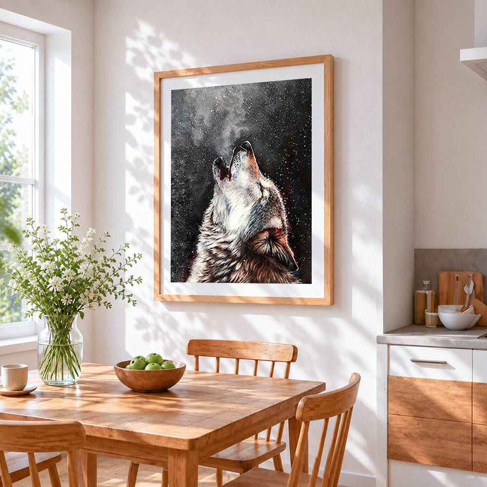 Howling wolf in a starry night paint by numbers artwork displayed on wall as home decor
