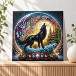 Finished howling wolf under full moon pearl diamond painting artwork displayed as holiday home decor