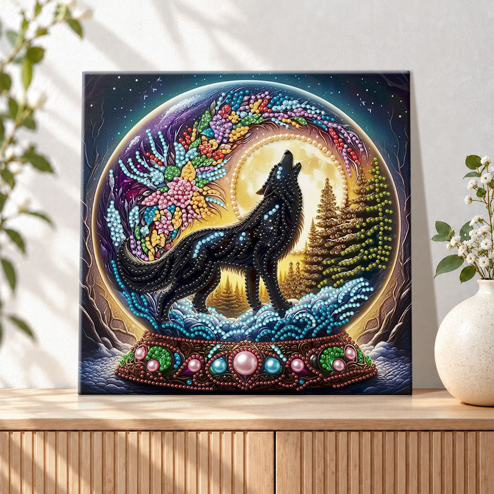Finished howling wolf under full moon pearl diamond painting artwork displayed as holiday home decor