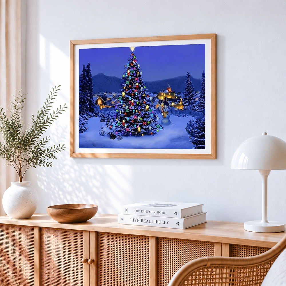 Huge glowing christmas tree cross stitch artwork displayed on wall as home decor