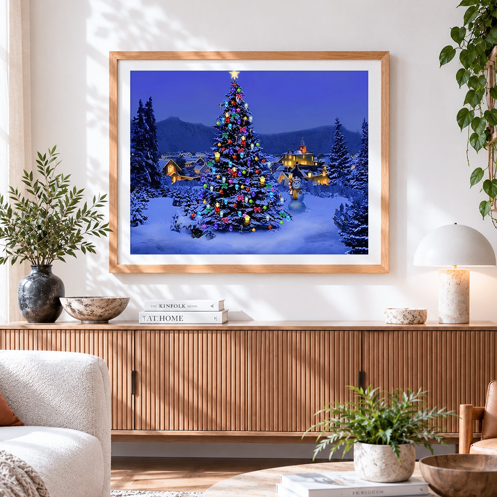 Finished huge glowing christmas tree paint by numbers artwork displayed as home decor