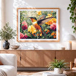 Finished hummingbird among colourful flowers paint by numbers artwork displayed as home decor
