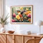 Hummingbird among colourful flowers paint by numbers artwork displayed on wall as home decor
