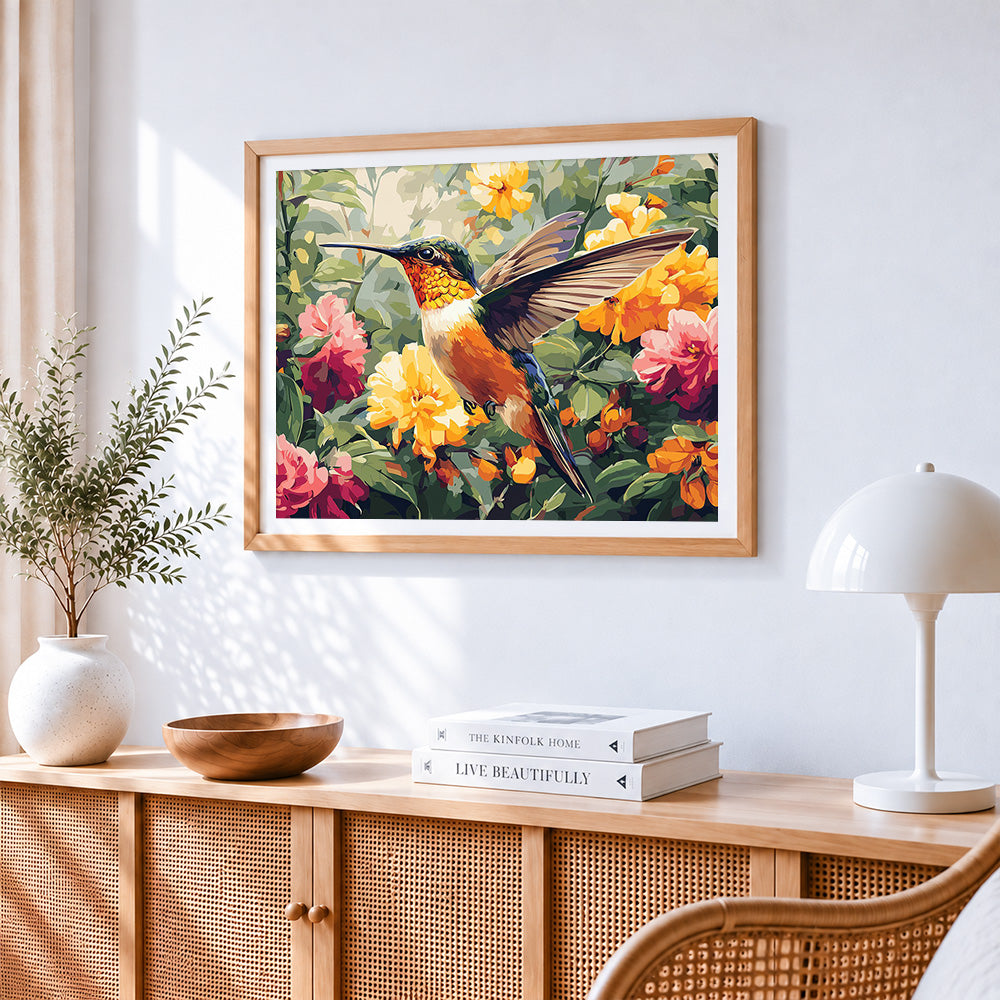 Hummingbird among colourful flowers paint by numbers artwork displayed on wall as home decor