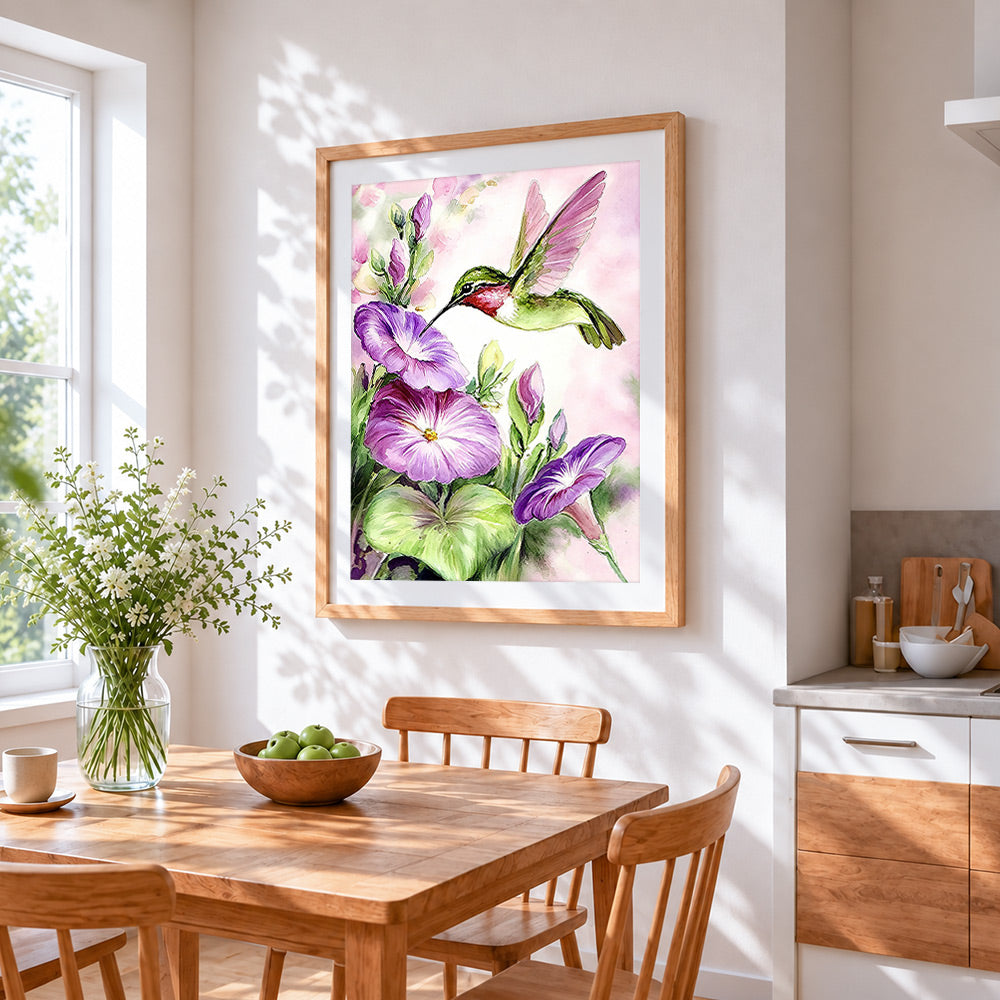 Hummingbird and morning glory cross stitch artwork displayed on wall as home decor