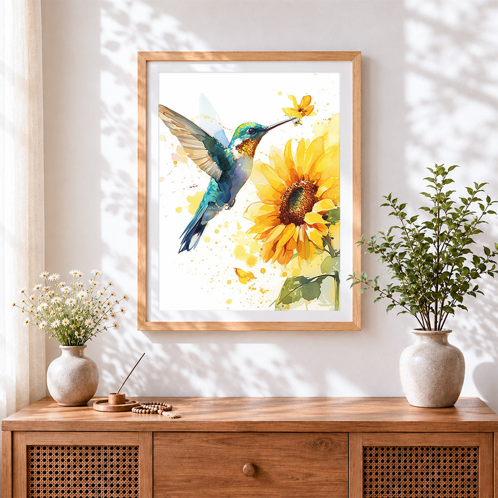 Finished hummingbird and sunflower cross stitch artwork displayed