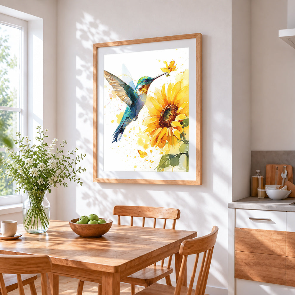 Hummingbird and sunflower cross stitch artwork displayed on wall as home decor
