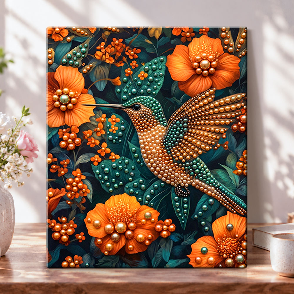Hummingbird in bloom pearl diamond painting kit for beginners