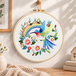 Hummingbird with rainbow embroidery hoop wall art displayed as warm and cosy handmade home decor