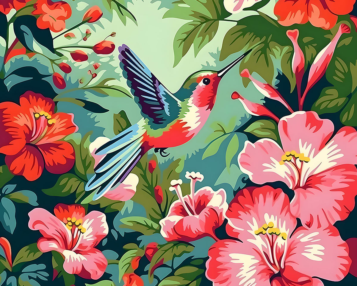 Hummingbird with tropical hibiscus flowers cross stitch kit for beginners