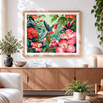Finished hummingbird with tropical hibiscus flowers paint by numbers artwork displayed as home decor