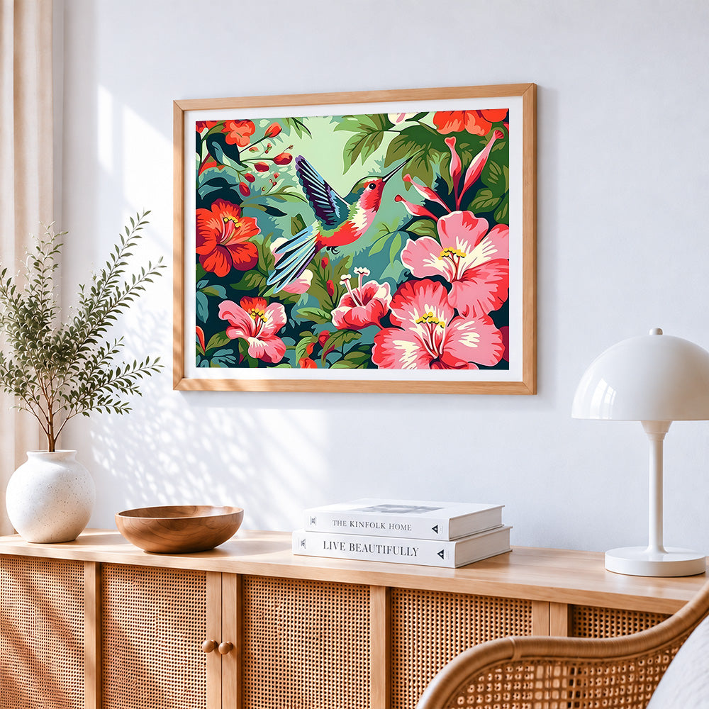 Hummingbird with tropical hibiscus flowers paint by numbers artwork displayed on wall as home decor