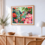 Hummingbird with tropical hibiscus flowers paint by numbers artwork displayed on wall as home decor