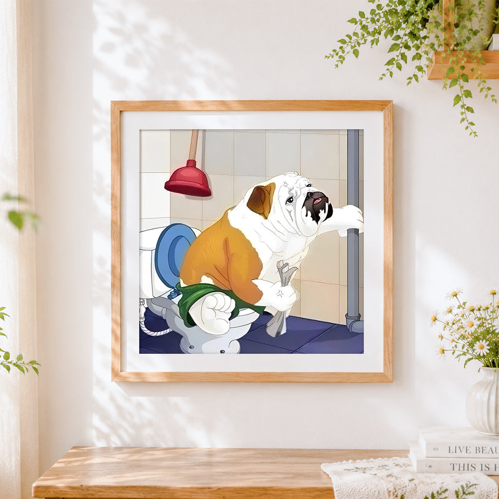 Finished humorous bulldog on toilet cross stitch artwork displayed