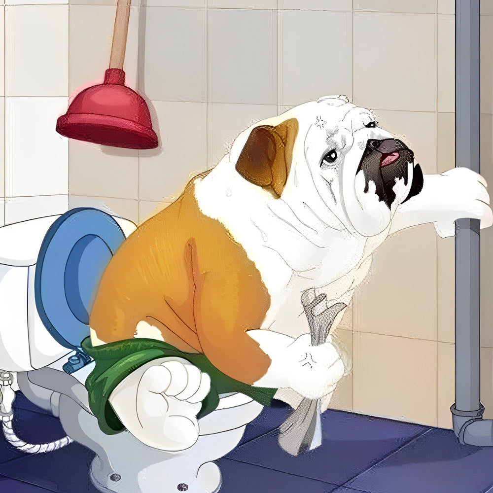 Humorous bulldog on toilet cross stitch kit for beginners