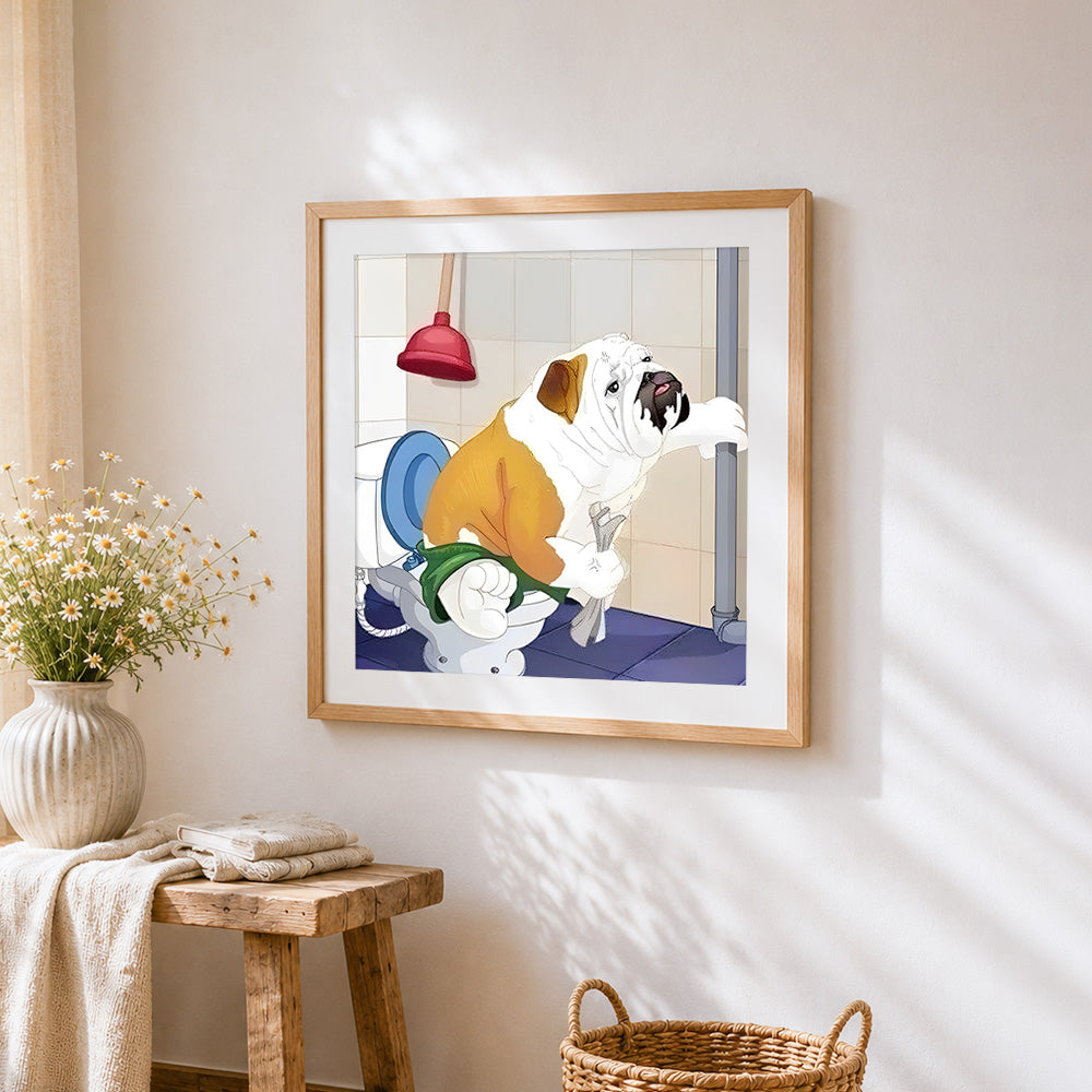 Humorous bulldog on toilet paint by numbers artwork displayed on wall as home decor