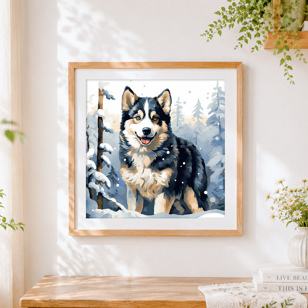 Finished husky in a snowy forest cross stitch artwork displayed